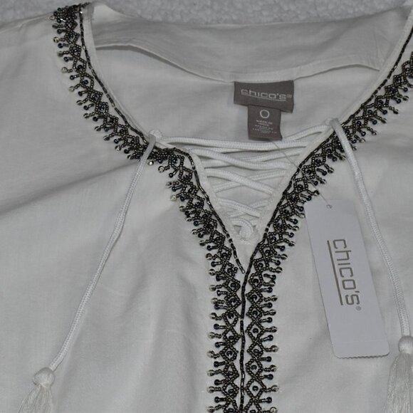 Chico's Embellished Neck Pullover Tunic Lace Up Top With Tassels Size S/4 - Picture 7 of 9